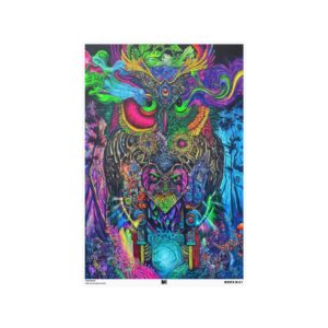 Abstract owl art painting titled 'Owl Forest' by Christopher Morphis, showcasing vibrant colors and fantasy elements.